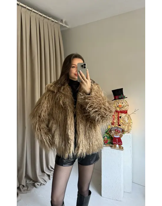 Camel Saçaklı Astarlı Kürk