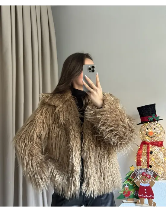 Camel Saçaklı Astarlı Kürk