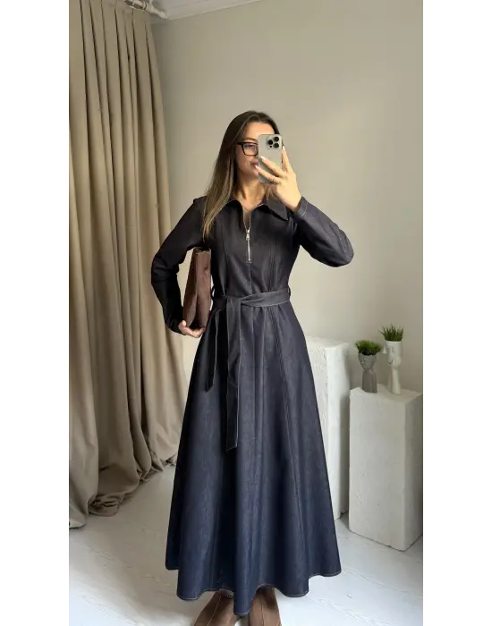 Denim Maxi Boy Kuşaklı Elbise