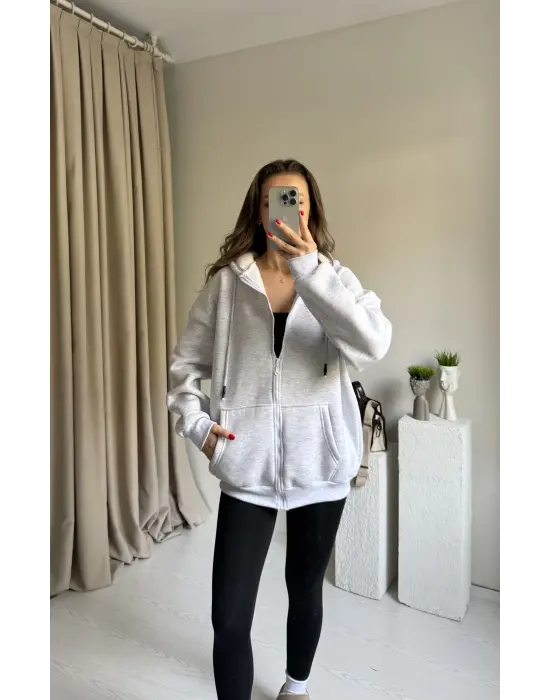Gri Unısex Basic Kapüşonlu Hırka
