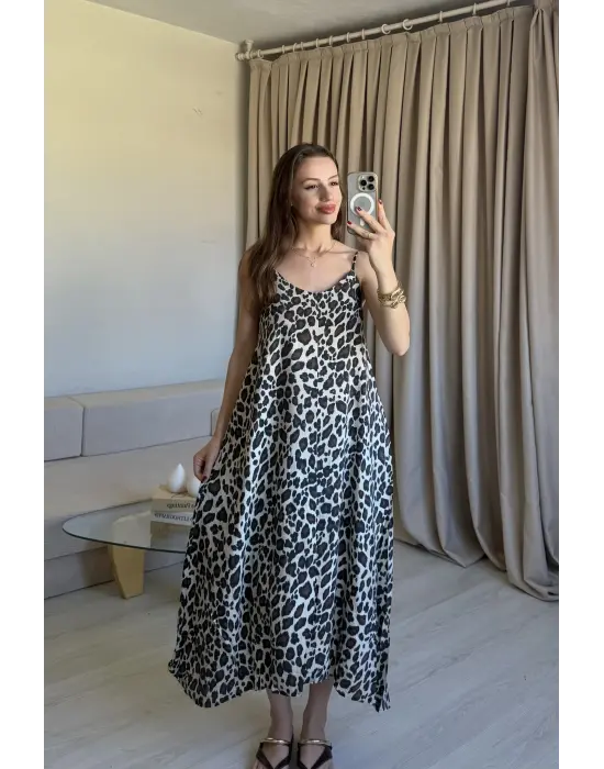 İnce Askılı Açık Renk Leopar Elbise