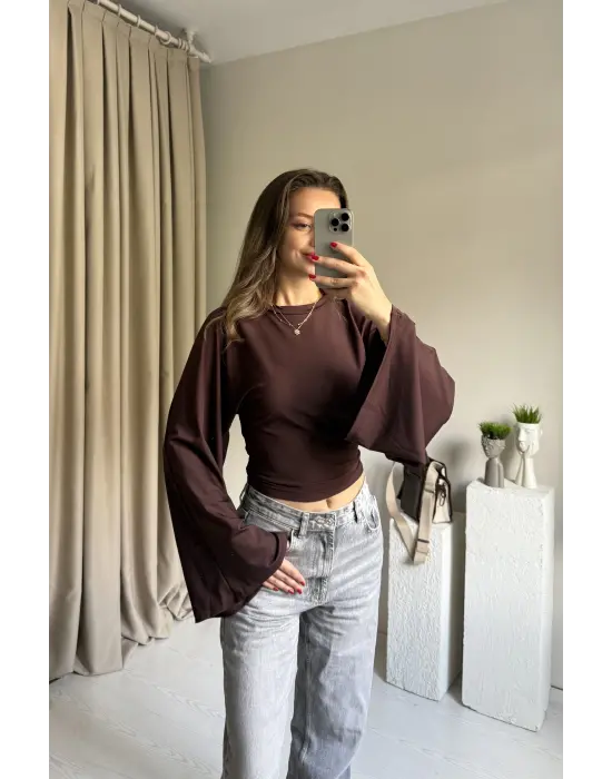 Kahve Belden Oturtmalı Yarasa Kol Bluz