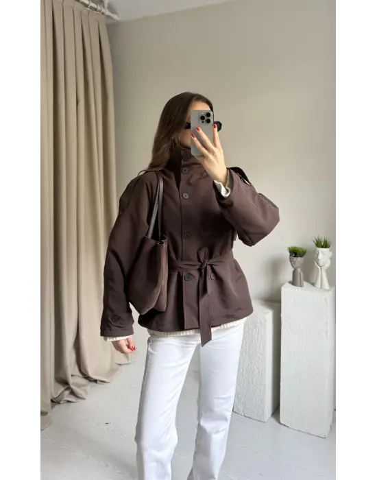 Kahve Dik Yaka Trençkot