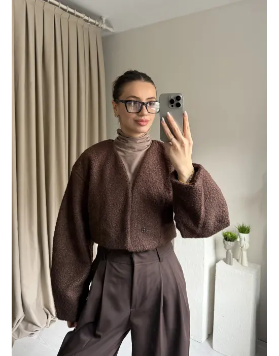 Kahve Orkide Kumaş Crop Ceket