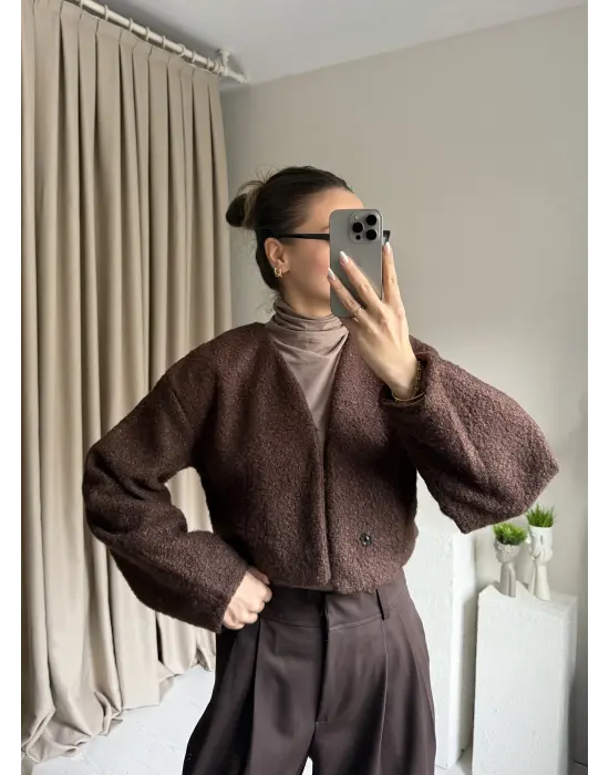 Kahve Orkide Kumaş Crop Ceket