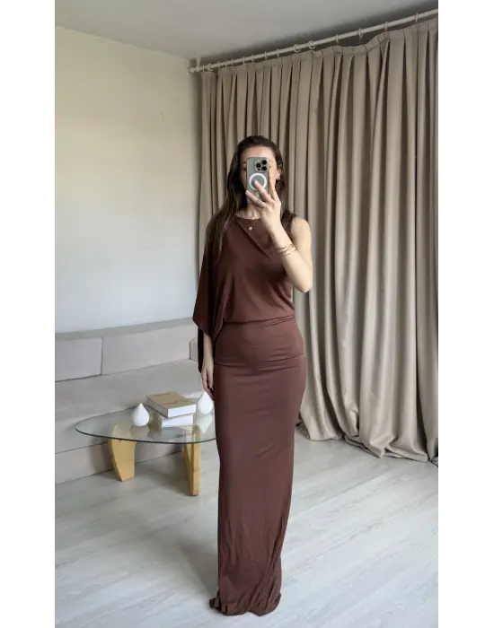 Kahve Tek Kol Modal Elbise