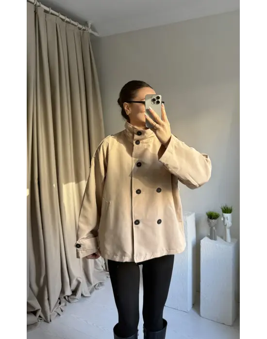 Krem Dik Yaka Trençkot