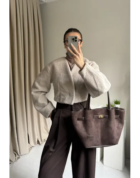 Krem Orkide Kumaş Crop Ceket