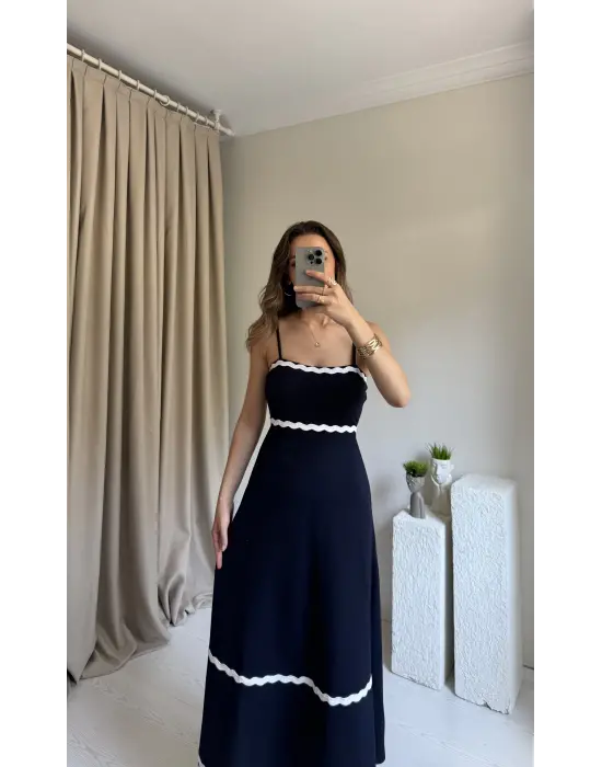 Lacivert Biye Geçişli Elbise