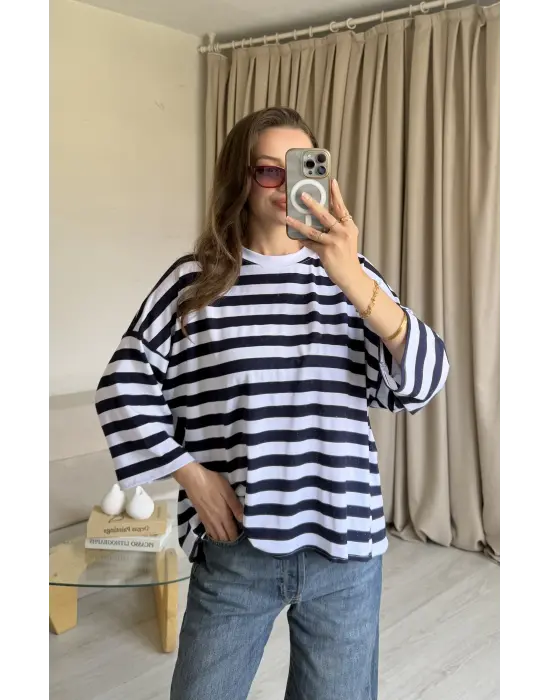 Lacivert Çizgi Bağlama Tshirt
