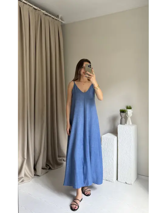 Mavi Askılı Keten Elbise