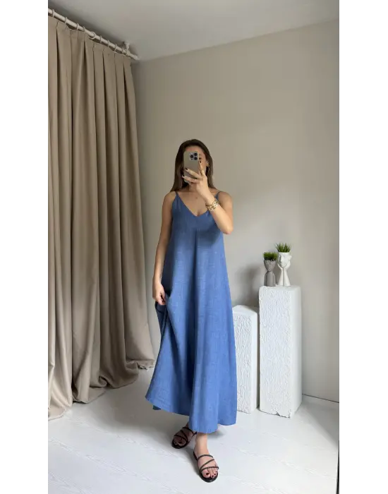 Mavi Askılı Keten Elbise