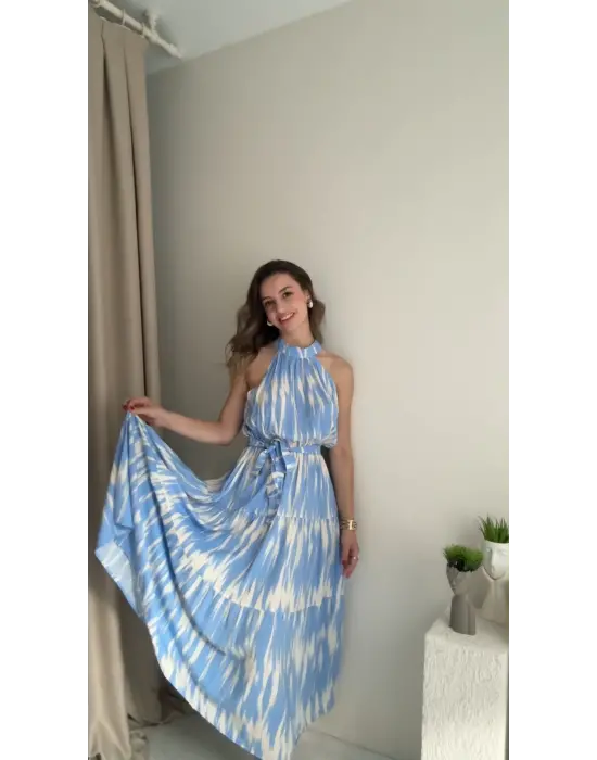 Mavi Batik Halter Yaka Efil Elbise