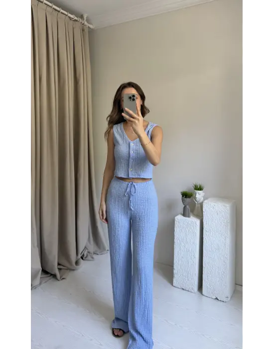 Mavi Düğmeli Pantolon Yelek Takım
