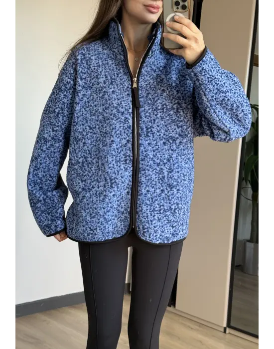 Mavi Peluş Fermuarlı Hırka