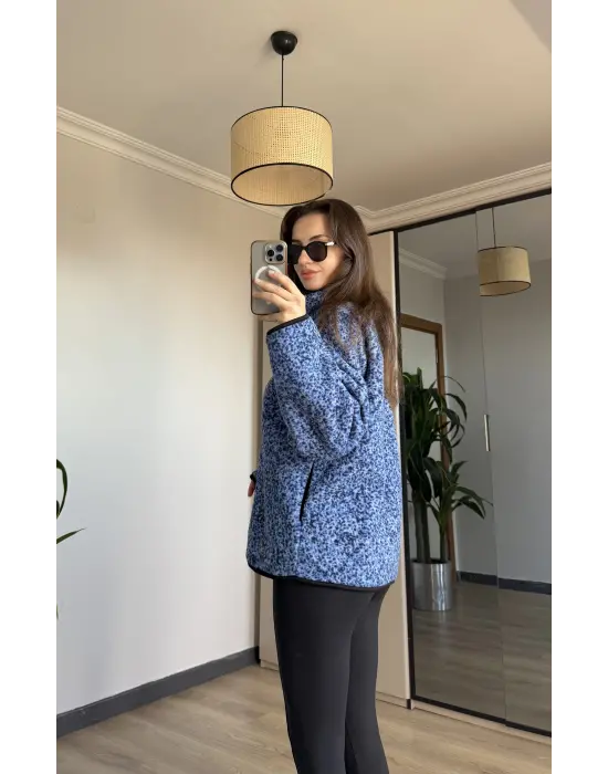 Mavi Peluş Fermuarlı Hırka