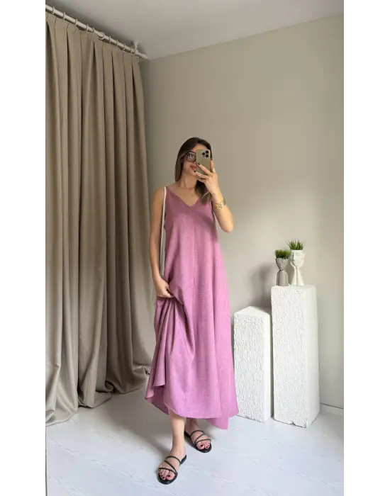 Pembe Askılı Keten Elbise