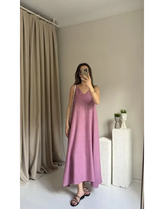 Pembe Askılı Keten Elbise