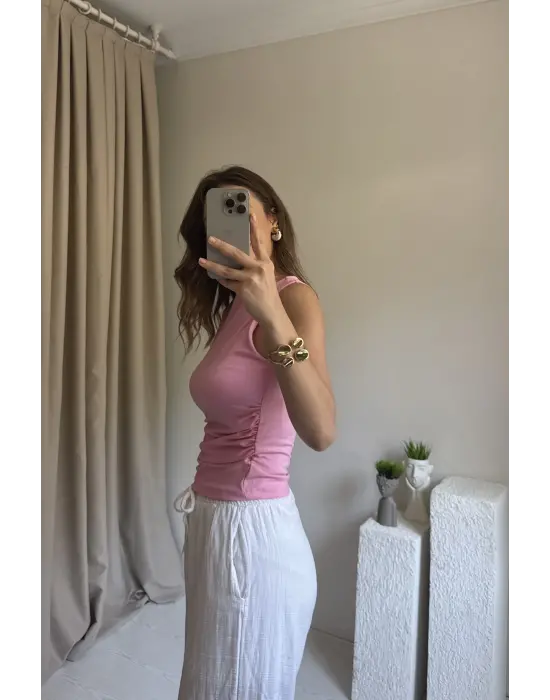 Pembe Kolsuz Yan Büzgülü Bluz
