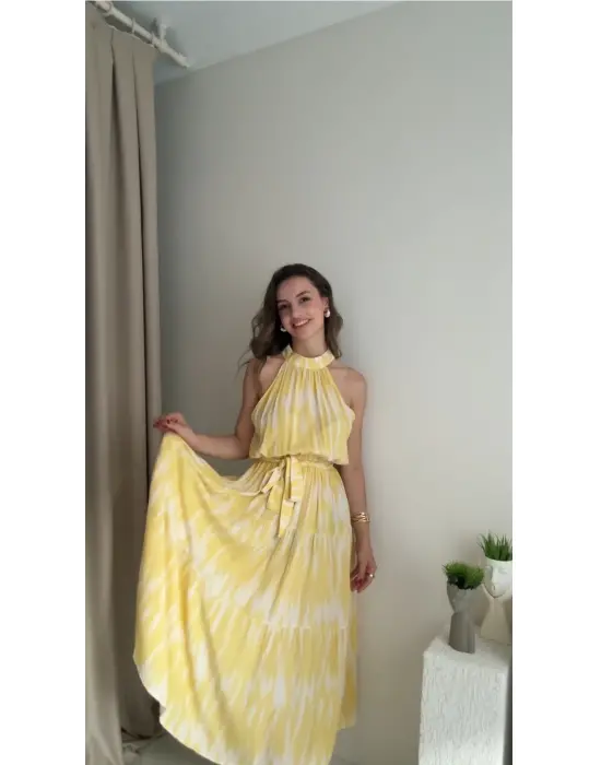 Sarı Batik Halter Yaka Efil Elbise
