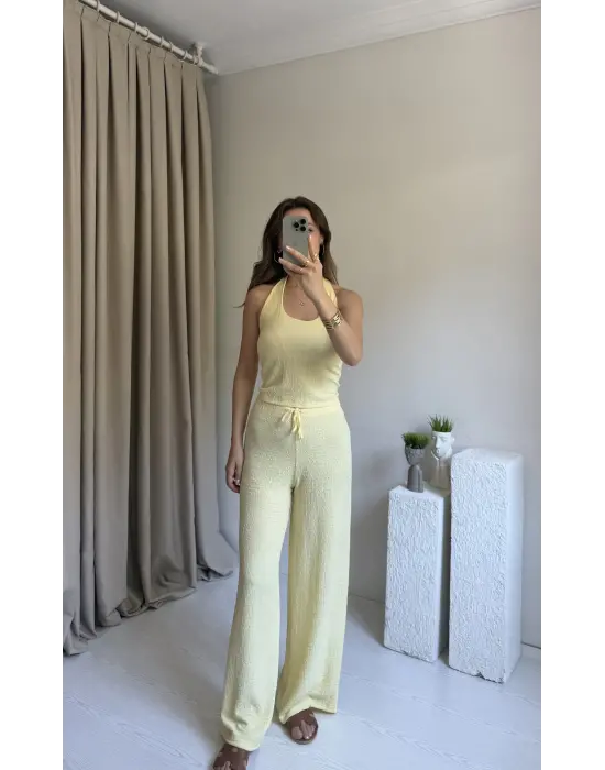 Sarı Boyun Askılı Pantolon Takım