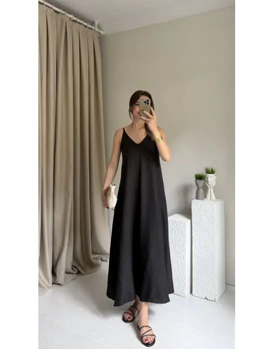 Siyah Askılı Keten Elbise