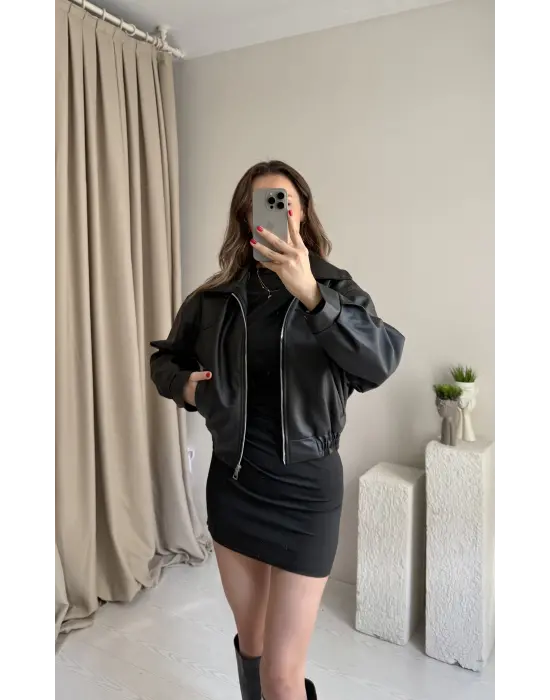 Siyah Beli Lastikli Deri Ceket