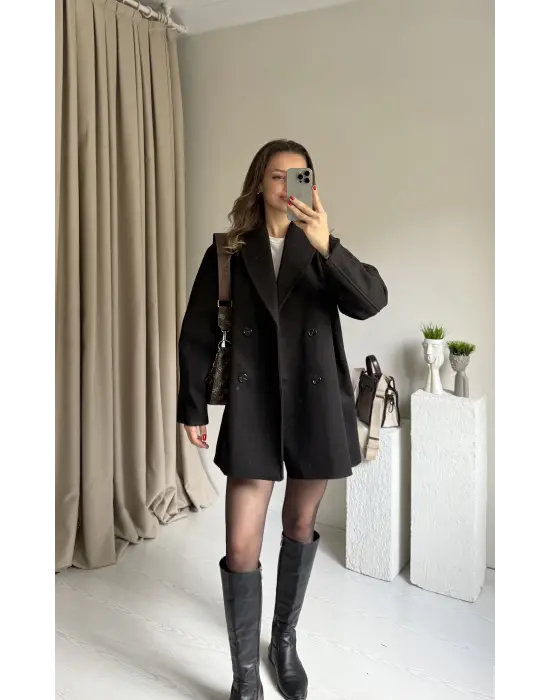 Siyah Çift Düğmeli Kaşe Premıum Ceket
