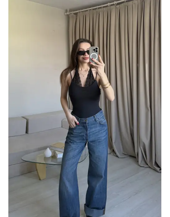 Siyah Dantel Kombineli Bodysuit
