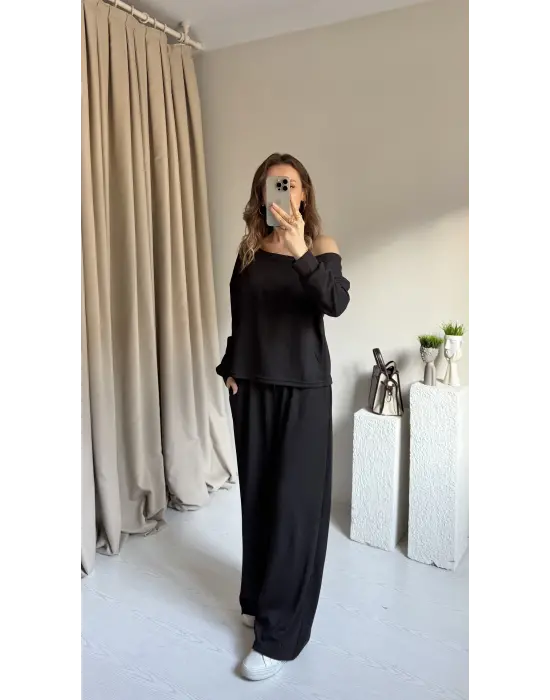 Siyah Düşük Omuz Eşofman Takımı