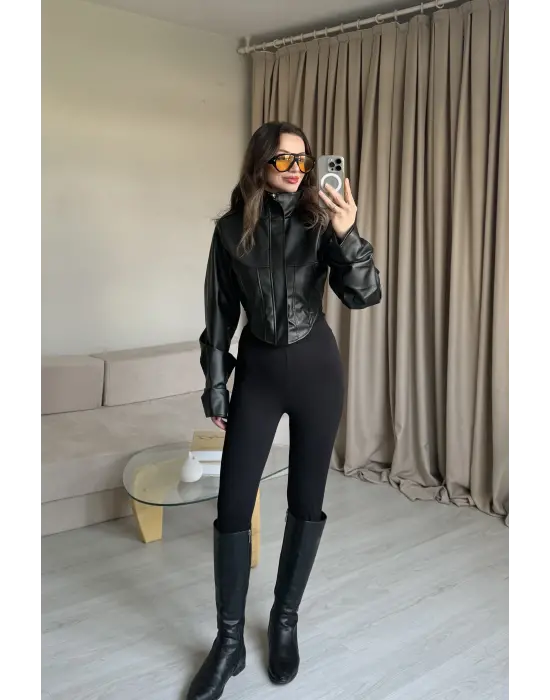 Siyah Korse Kesim Deri Ceket