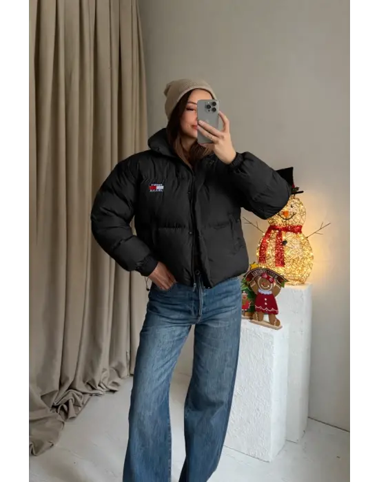 Siyah Marka Puffer Mont