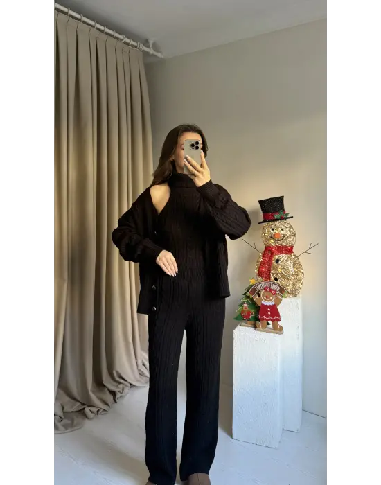 Siyah Üçlü Örgü Triko Takım