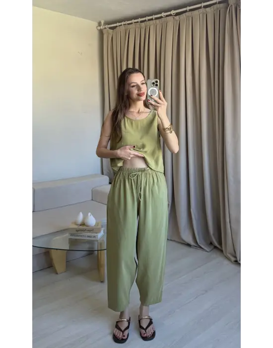 Yeşil Tencel Kalın Askılı Takım