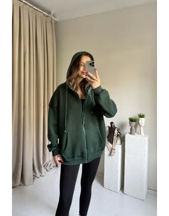 Yeşil Unısex Basic Kapüşonlu Hırka