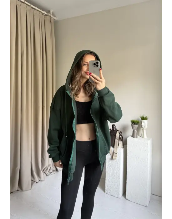 Yeşil Unısex Basic Kapüşonlu Hırka