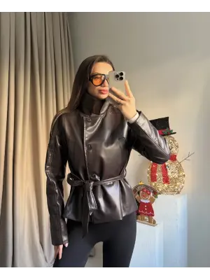 Kahve Kuşaklı Deri Ceket