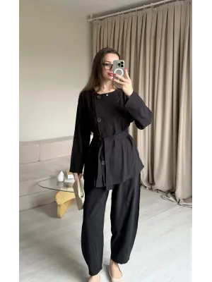 Siyah Düğmeli Şalvar Pantolon Takım