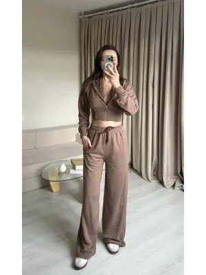 Kahve Dantel Detaylı Crop Hırka Takım