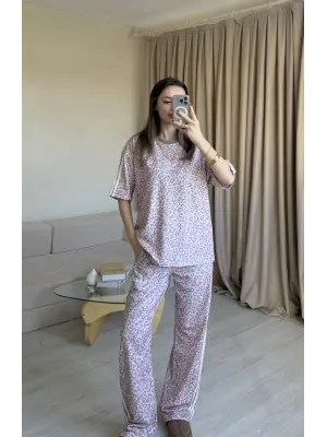 Pembe Kısa Kollu Leopar Takım