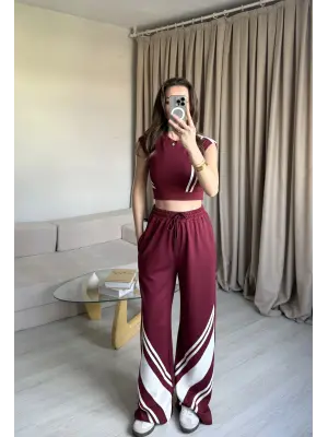 Bordo Crop Sıfır Kol Eşofman Takım
