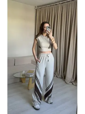 Krem Crop Sıfır Kol Eşofman Takım