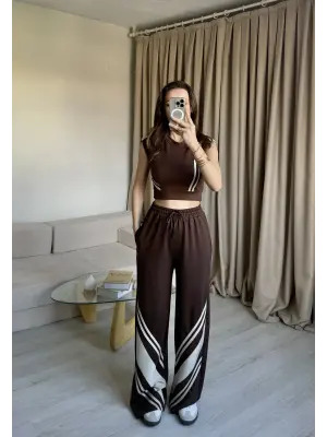 Kahve Crop Sıfır Kol Eşofman Takım