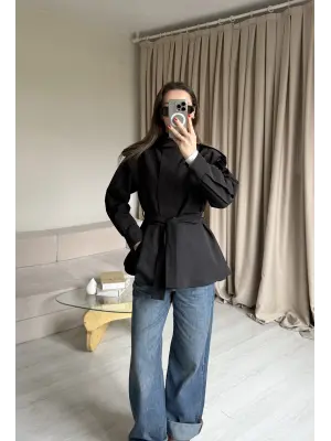 Siyah Fermuarlı Dik Yaka Trençkot