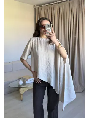 Bej Asimetrik Vatkalı Modal Bluz