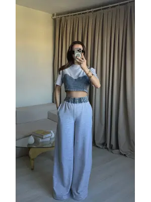 Gri Denim Detaylı Eşofman Takım