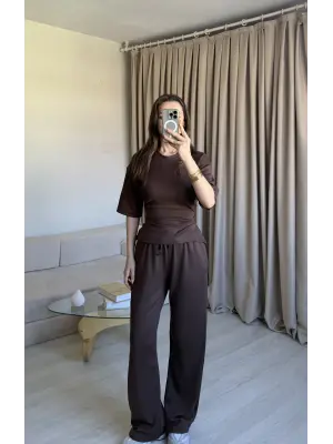 Kahve Bel Bağlamalı Eşofman Takım