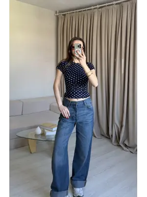 Lacivert Puantiyeli Basic Kısa Kol Bluz