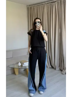 Siyah Taş Detaylı Denim Takım