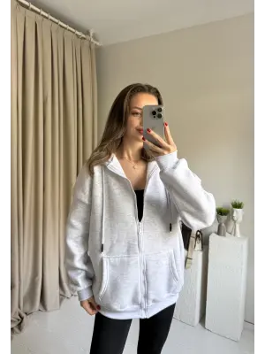 Gri Unısex Basic Kapüşonlu Hırka
